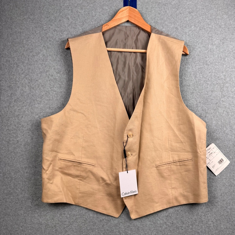 Calvin Klein Vest Mens XL Beige 100% Linen Suit Separates Button Front NEW